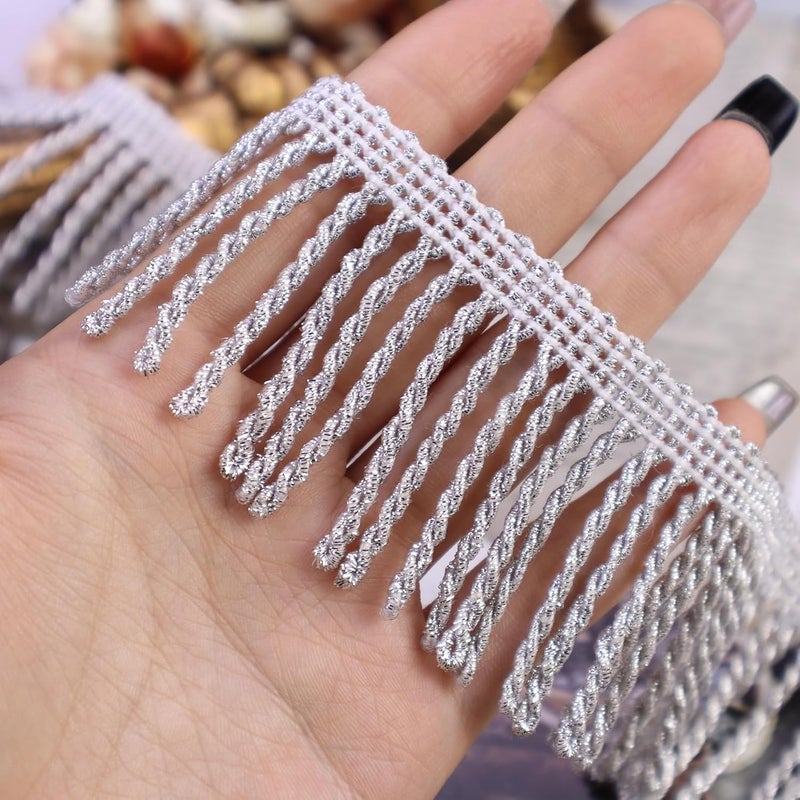 GXTIZAS Bullion Fringe Trim Silver Fringe Trim 3 Yards Glitter Tassel Trim Chainette Sewing Lace for Table Runner Clothes Sofa Curtain Decoration - Image 3